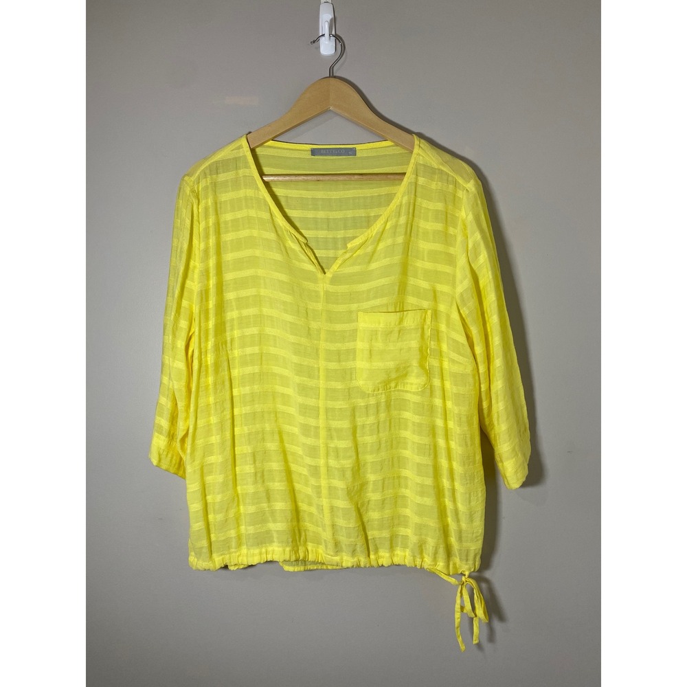 Betty & Co Yellow Striped Split Neck Blouse 3/4 Sleeve Drawstring Hem Size 42 EU